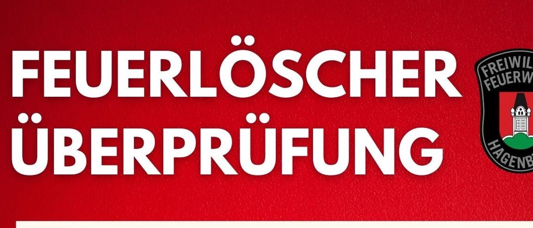 Ein Plakat bewirbt eine Überprüfung von Feuerlöschern. Die Kosten betragen 13€. Der Termin ist Samstag, 11. April, von 8-12 Uhr. Der Text ist in Rot auf rotem Hintergrund.