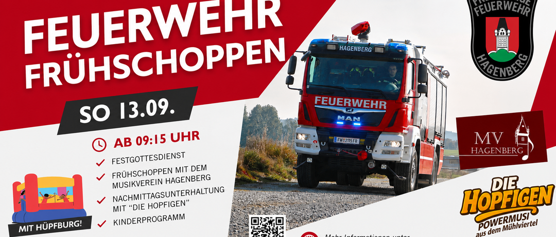 Ein Werbeplakat für eine Feuerwehrveranstaltung in Hagenberg mit einem roten Feuerwehrauto, der Aufschrift 'Feuerwehr Hagenberg' und einem QR-Code für weitere Informationen.