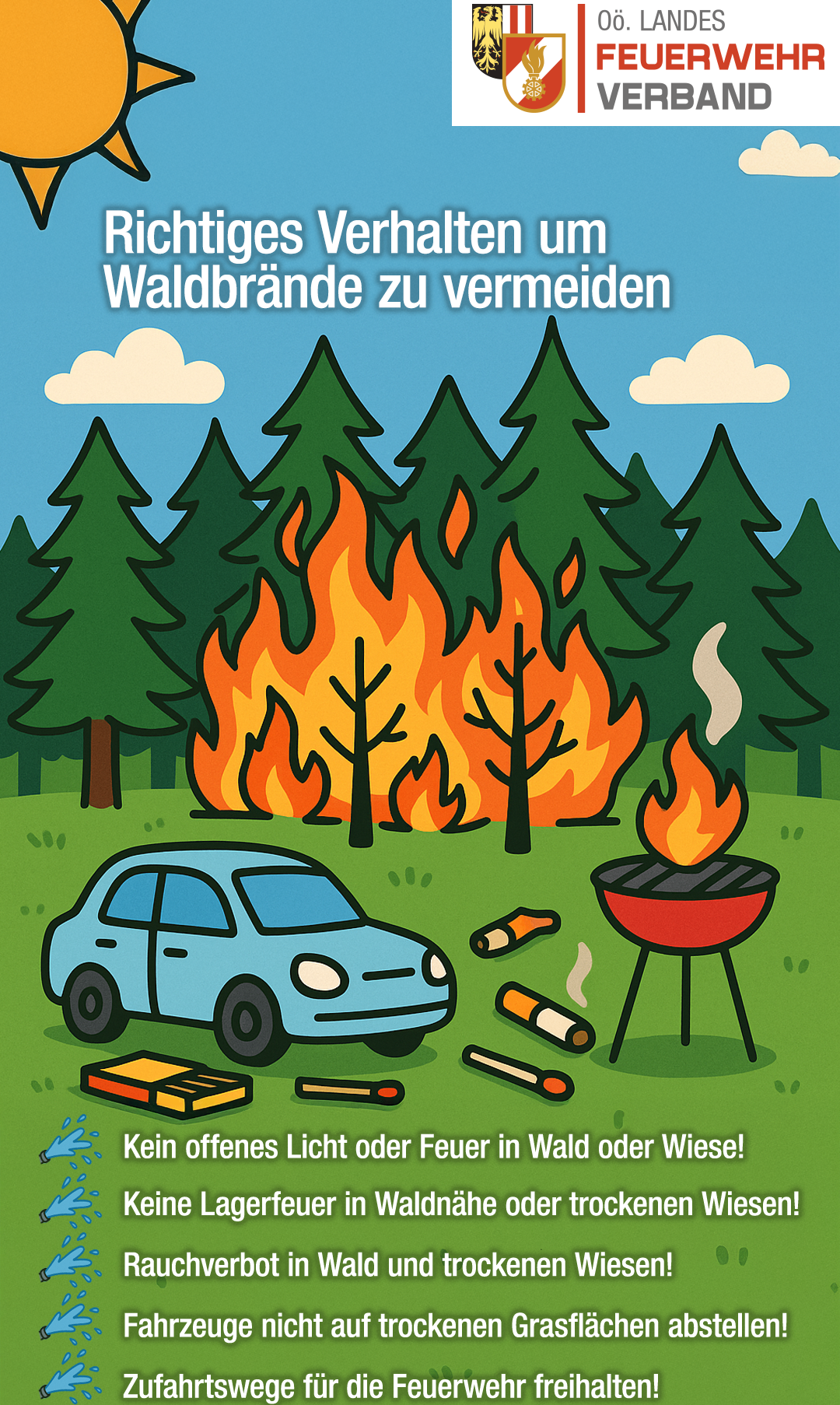 Illustration eines Waldbrandes mit einem Auto, einem Grill und rauchenden Materialien in der Nähe. Das Bild warnt vor den Gefahren von Waldbränden.