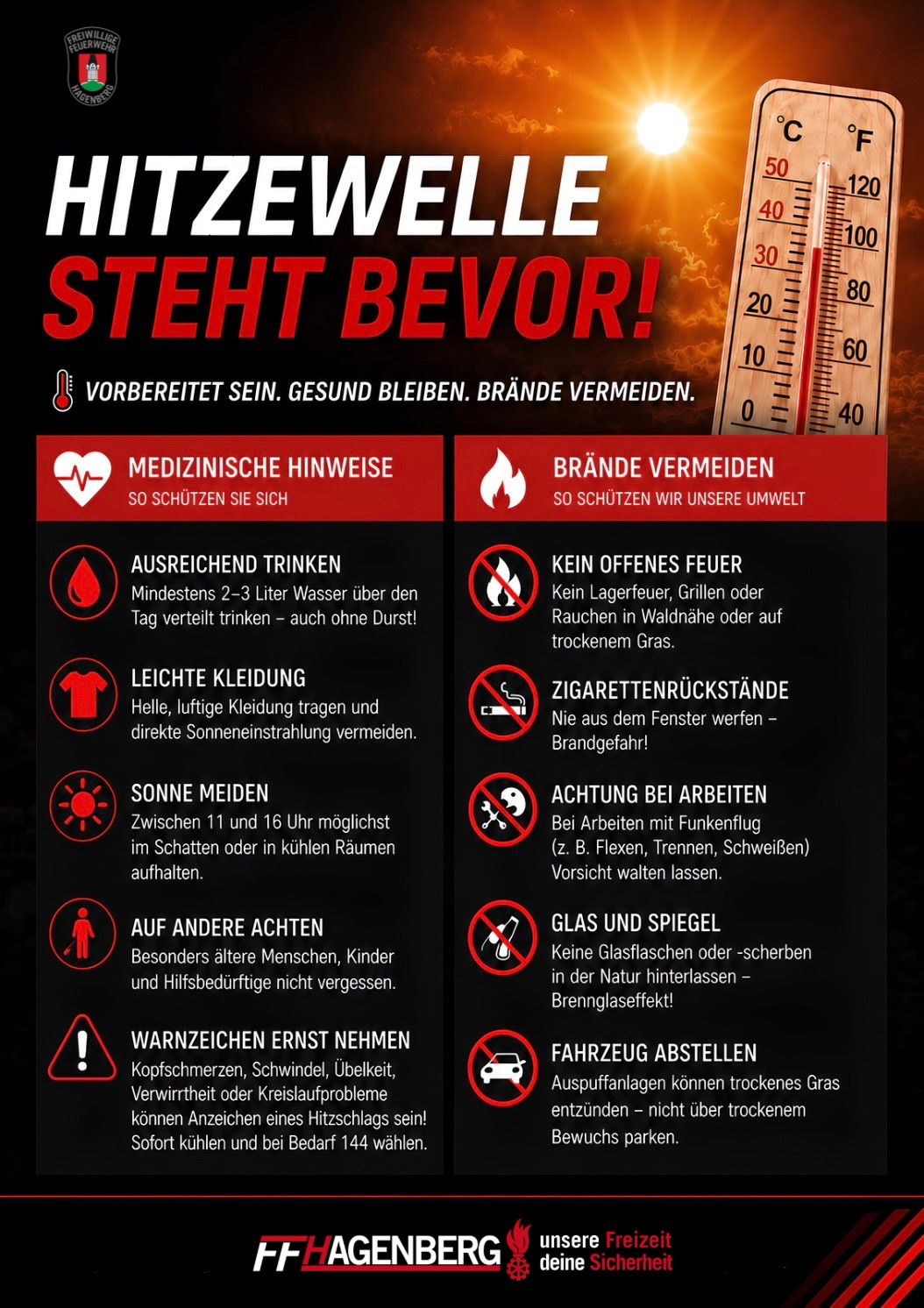 Ein Plakat mit einem Thermometer und verschiedenen Sicherheitshinweisen für eine Hitzewelle. Es enthält Ratschläge wie ausreichendes Trinken, Vermeidung offener Feuer und Vorsicht bei der Arbeit. Es warnt auch vor Symptomen wie Kopfschmerzen, Schwindel und Übelkeit.