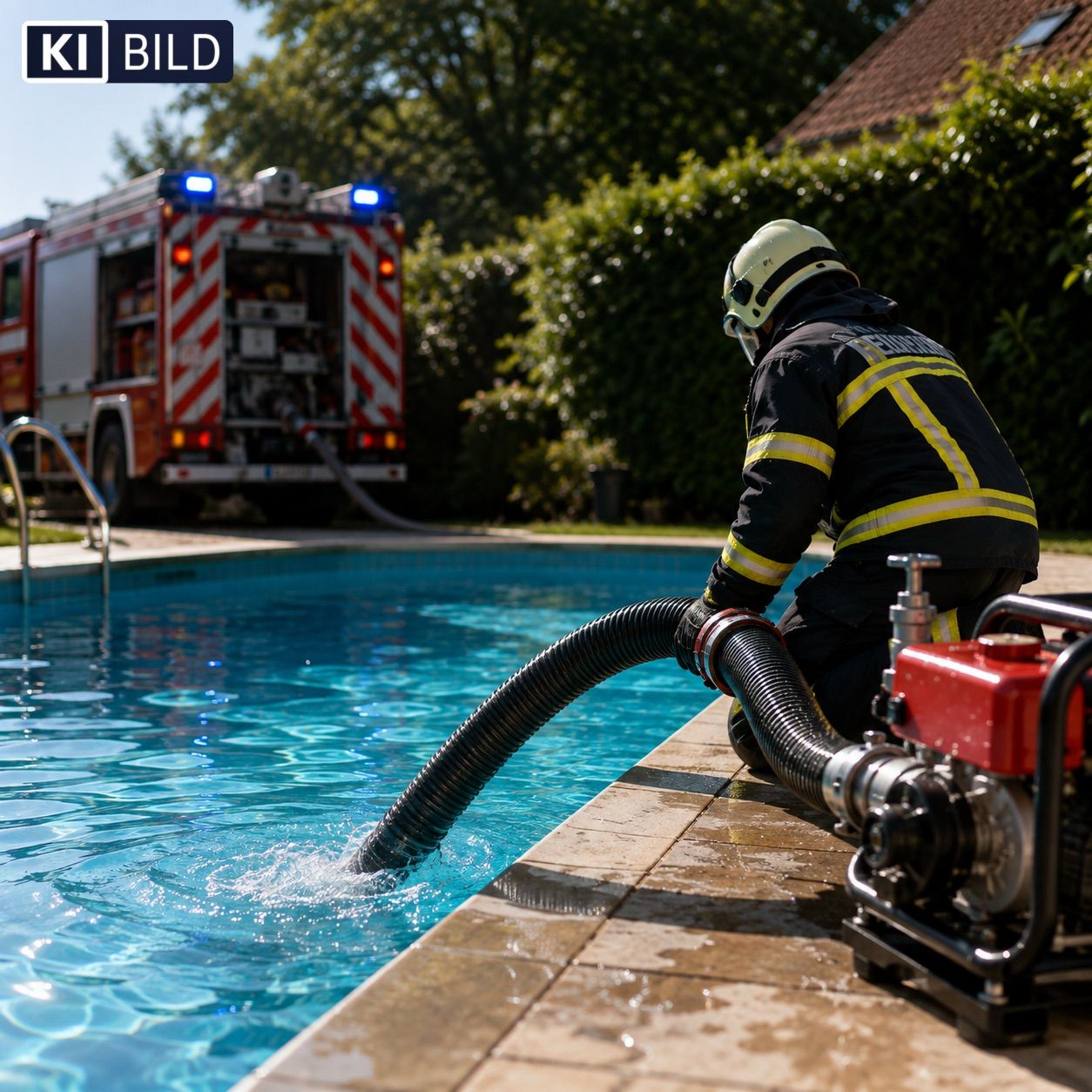 Ein Feuerwehrmann pumpt mit einem Schlauch Wasser aus einem Swimmingpool, während ein Feuerwehrwagen in der Nähe geparkt ist.