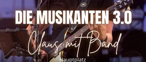 Ein Plakat für ein Musikevent mit einem Mann, der Gitarre spielt. Es steht 'Die Musikanten 3.0' und 'Klaus mit Band' mit einem kostenlosen Ticket-Angebot. Das Datum ist der 31. Mai 2025 um 21:00 Uhr.