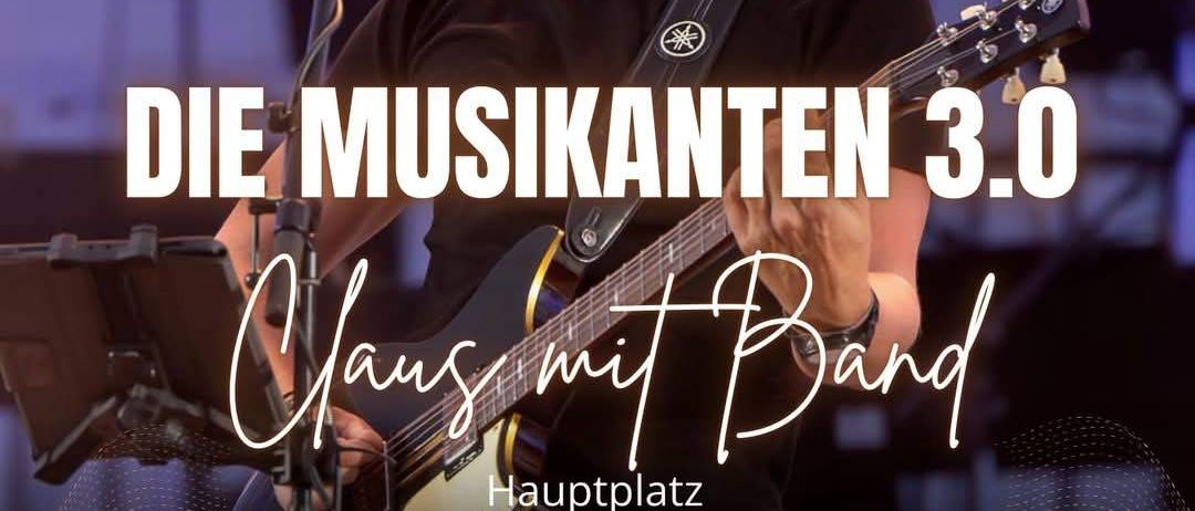 Ein Plakat für ein Musikevent mit einem Mann, der Gitarre spielt. Es steht 'Die Musikanten 3.0' und 'Klaus mit Band' mit einem kostenlosen Ticket-Angebot. Das Datum ist der 31. Mai 2025 um 21:00 Uhr.
