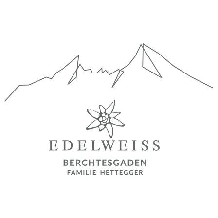 Das Edelweiss-Logo für Berchtesgaden Familie Hettgger zeigt eine stilisierte Bergkette mit einem Blumendesign in der Mitte.