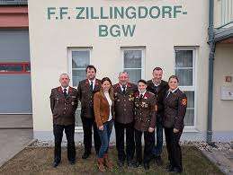 Eine Gruppe von Menschen in Uniform steht vor einem Gebäude mit F. Zillingdorf-BGW an der Wand.