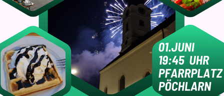 Das Werbeplakat zeigt eine Kirche, ein Essen, Feuerwerk und eine Gruppe von Menschen. Die Zeit ist 19:45. Es heißt, Gulasch und Waffeln zu essen.