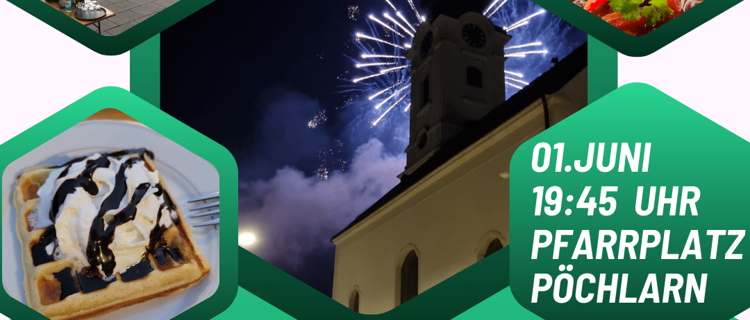 Das Werbeplakat zeigt eine Kirche, ein Essen, Feuerwerk und eine Gruppe von Menschen. Die Zeit ist 19:45. Es heißt, Gulasch und Waffeln zu essen.