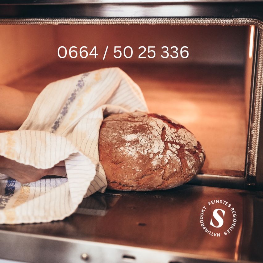 Ein Laib Brot wird mit einem Handtuch in einen Ofen gelegt. Das Bild zeigt eine Hand, die das Handtuch hält, und die Zahlen 0664/50 25 336 sind oben angezeigt. Die Ofentür ist offen, und das Brot liegt auf einem Metalltablett.