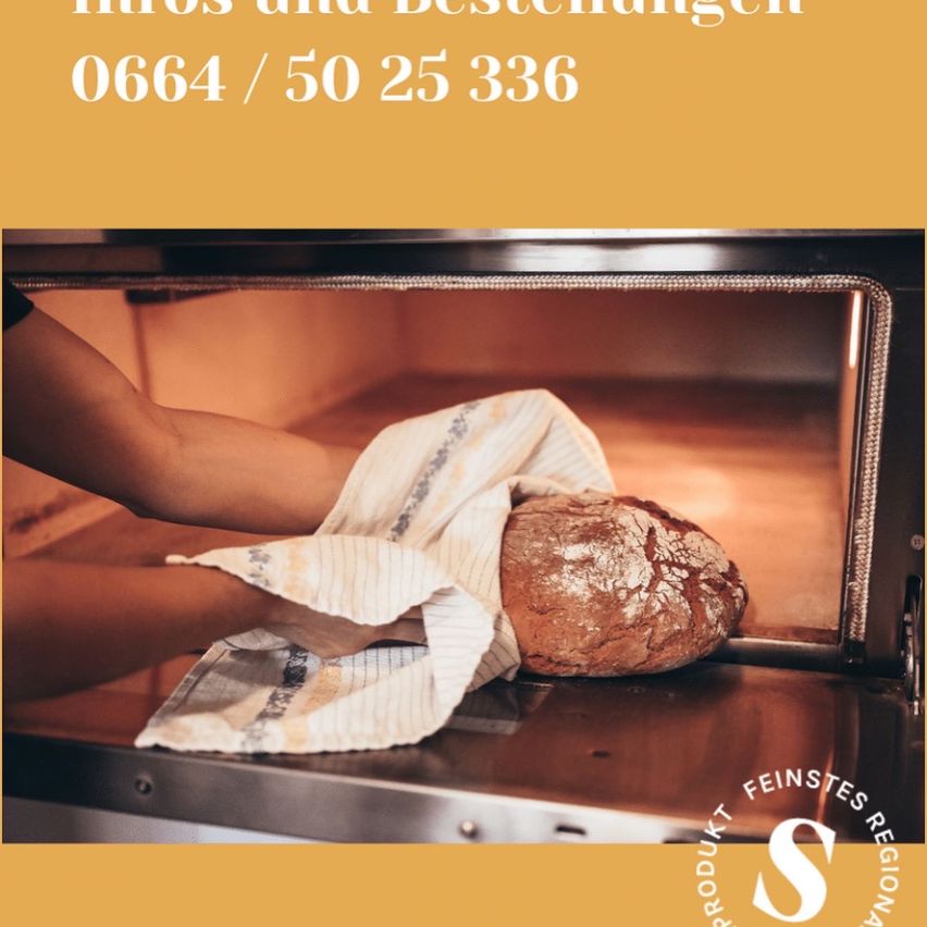 Eine Person nimmt ein Brot aus dem Ofen, eingewickelt in ein Handtuch. Der Ofen hat einen gelben Hintergrund und die Worte "Einkauf und Bestellungen" mit einer Telefonnummer.