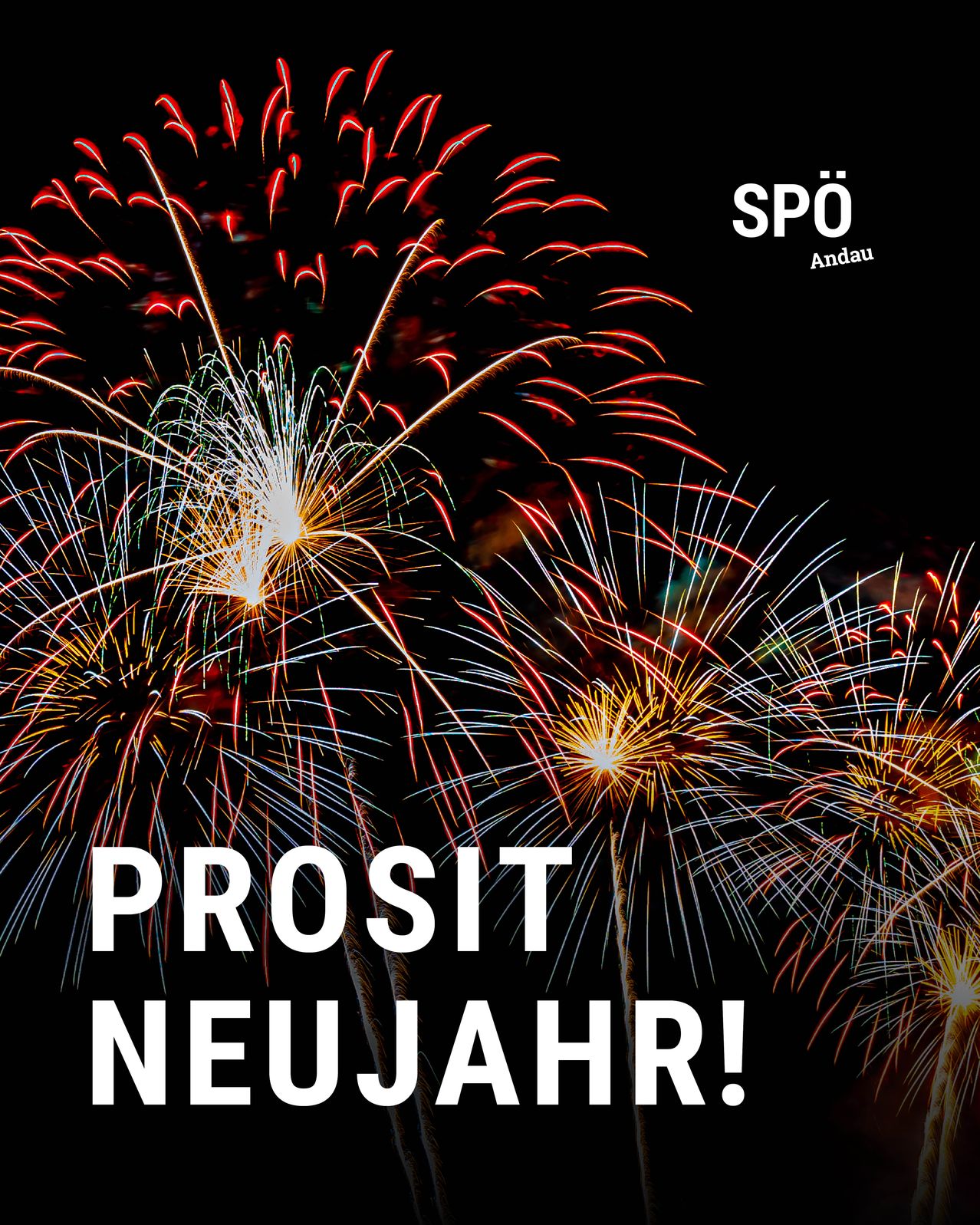 Ein nächtliches Feuerwerk mit roten, weißen und gelben Farben, die den Himmel erhellen. Die Worte 'Prosit Neujahr!' sind in weißer Schrift geschrieben. Der Himmel ist dunkel, und das Feuerwerk steht im Mittelpunkt.