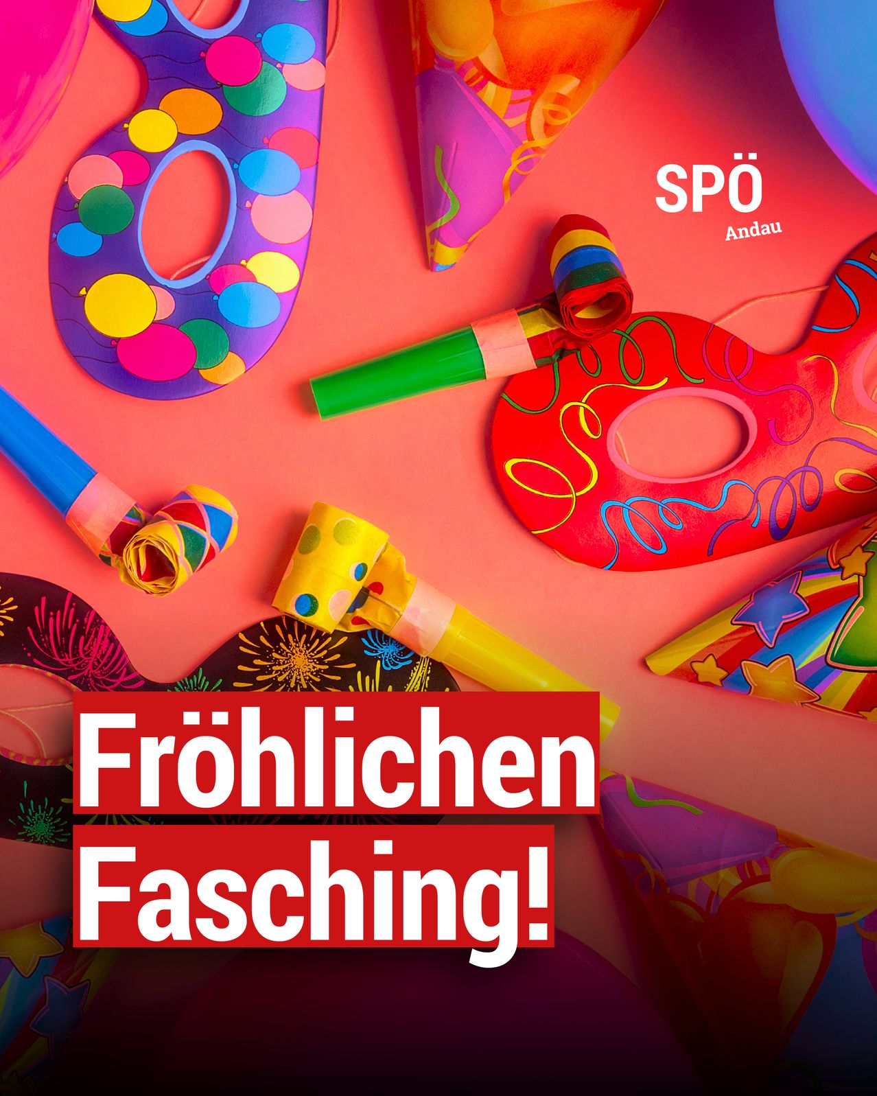 The image features a vibrant collage of colorful carnival masks, confetti, and party decorations on a bright pink background. Central text reads 'Frolichen Fasching!' in large white letters.