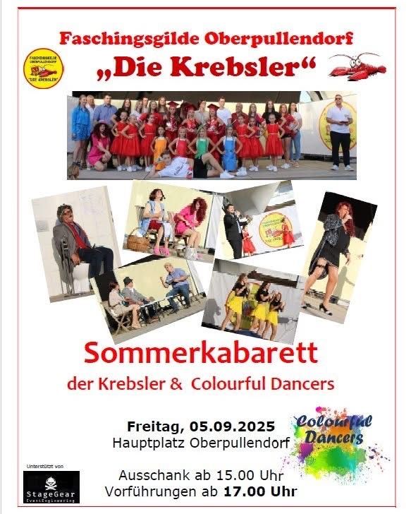 Plakat für die Faschingsgilde Oberpullendorf. Veranstaltung ist Sommerkabarett mit Die Krebsler und Colourful Dancers. Datum ist Freitag, 5. September 2025. Beginn um 15 Uhr mit Aufführungen um 17 Uhr.