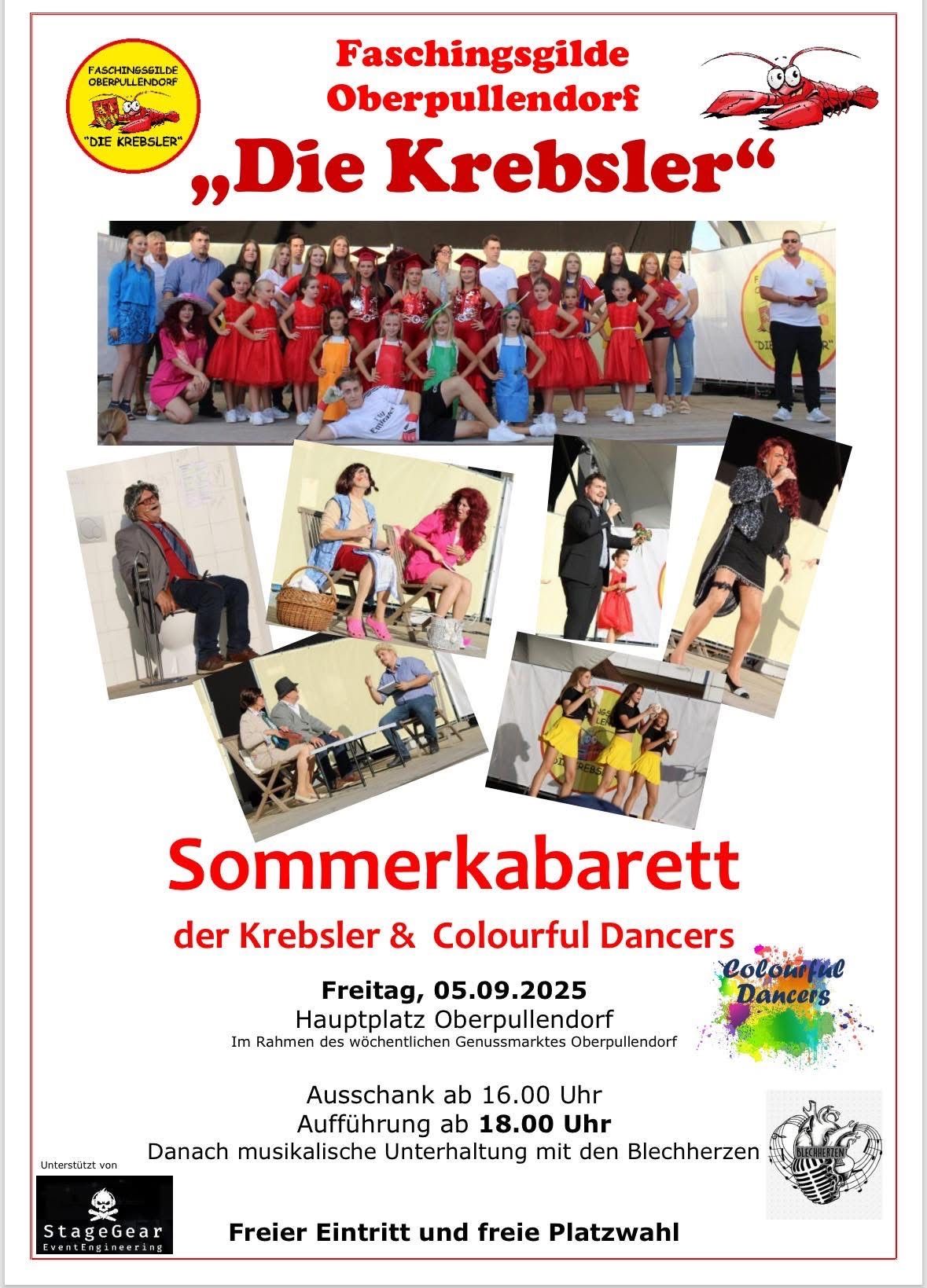 Ein Plakat für das Sommerkabarett von Krebsler und Colourful Dancers. Das Plakat enthält Fotos von Darstellern und eine Ankündigung für die Veranstaltung am 5. September 2025 auf dem wöchentlichen Markt in Oberpullendorf.