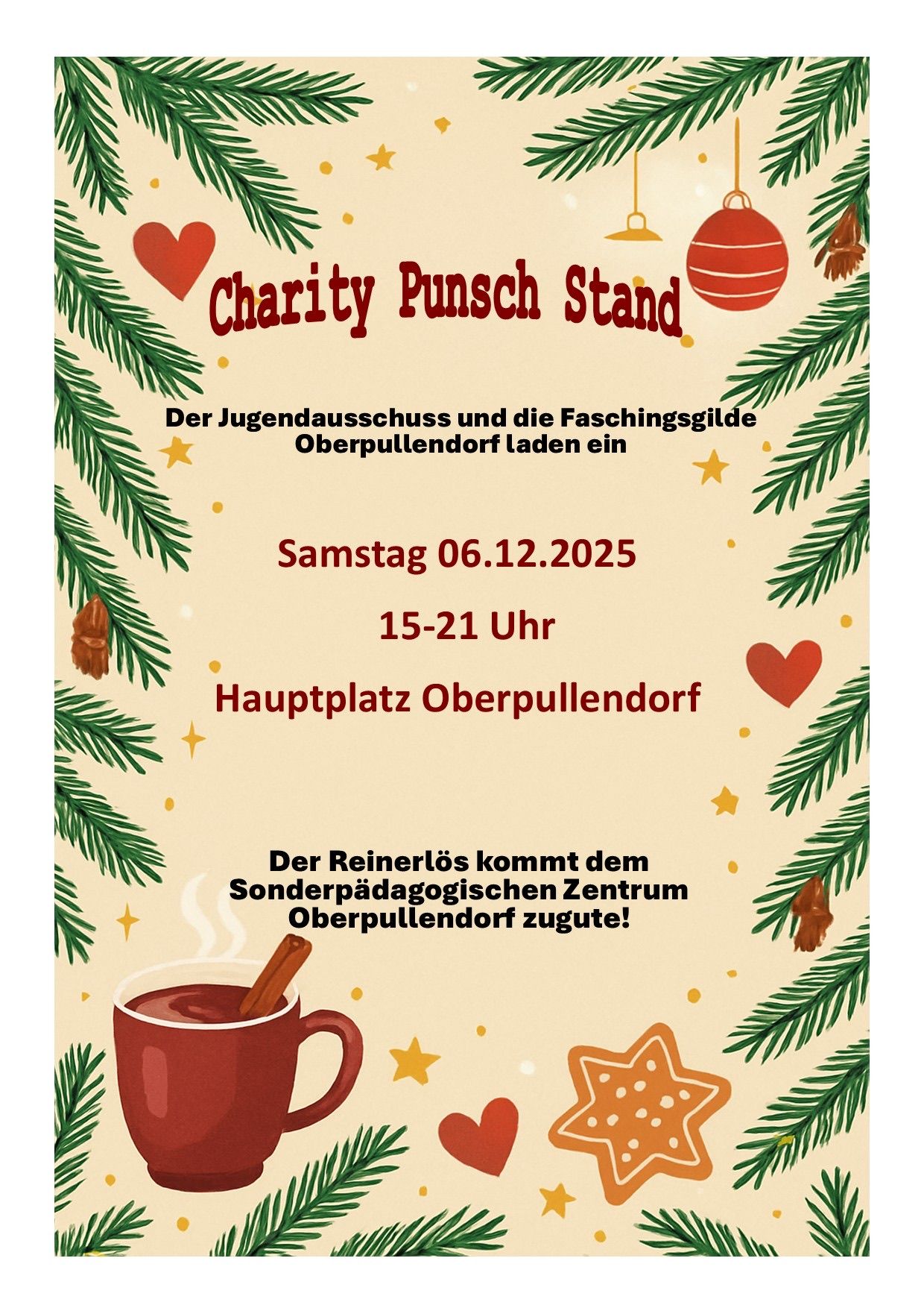 A poster advertises a charity punch stand event in Oberpullendorf on December 6, 2025, from 3-9 PM. Features include festive decorations, a cup of hot beverage, and a cinnamon stick.
