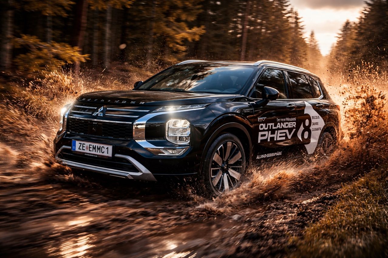 Ein schwarzer Mitsubishi Outlander PHEV SUV fährt durch einen schlammigen Waldweg mit Bäumen im Hintergrund. Das Fahrzeug hat ein Nummernschild mit der Aufschrift 'ZE EMMC1'.