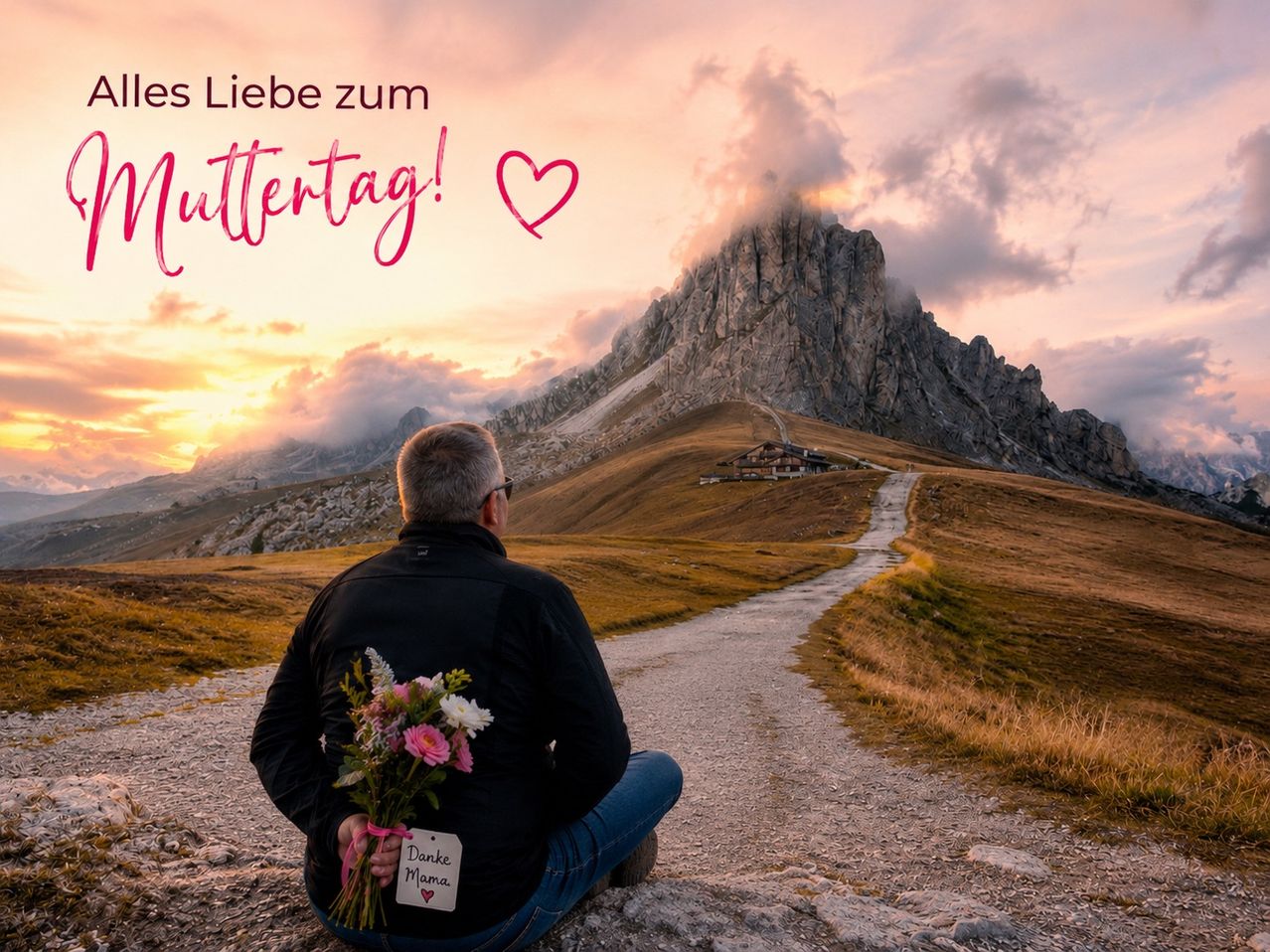 An older man sits on the ground holding a bouquet of flowers. In front of him is a mountain range with the words 'Happy Mother's Day' written in pink.