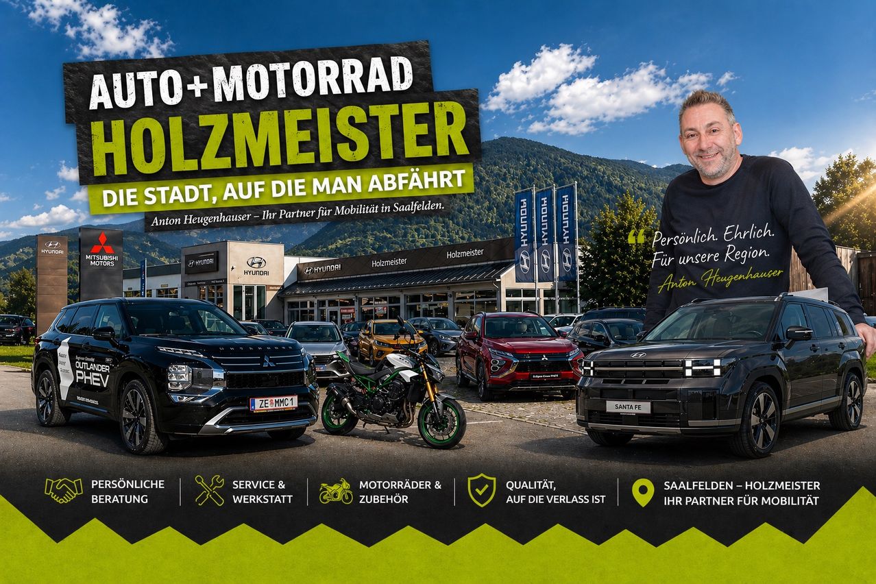 An advertisement for Holzmeister, a car and motorcycle dealership. A man stands next to several vehicles, with mountains and a clear sky in the background. The ad emphasizes service, quality, and reliability.