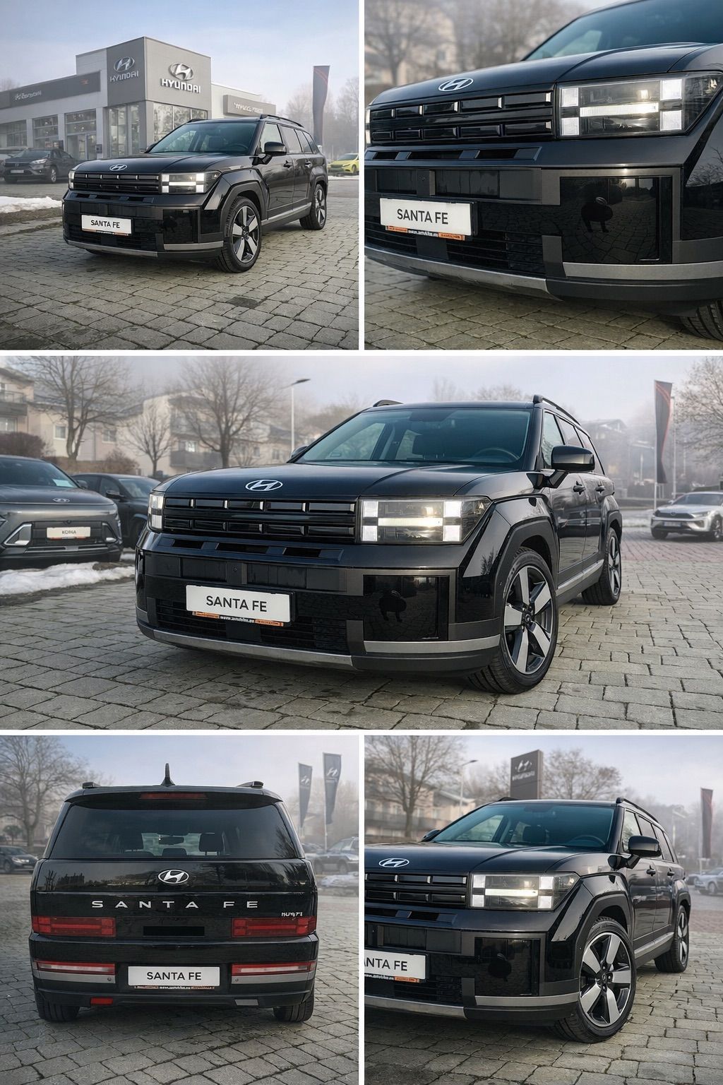 Vier Bilder eines schwarzen Hyundai Santa Fe SUV auf einer Kopfsteinpflasterstraße geparkt. Vorder-, Rück- und Seitenansichten sind zu sehen.