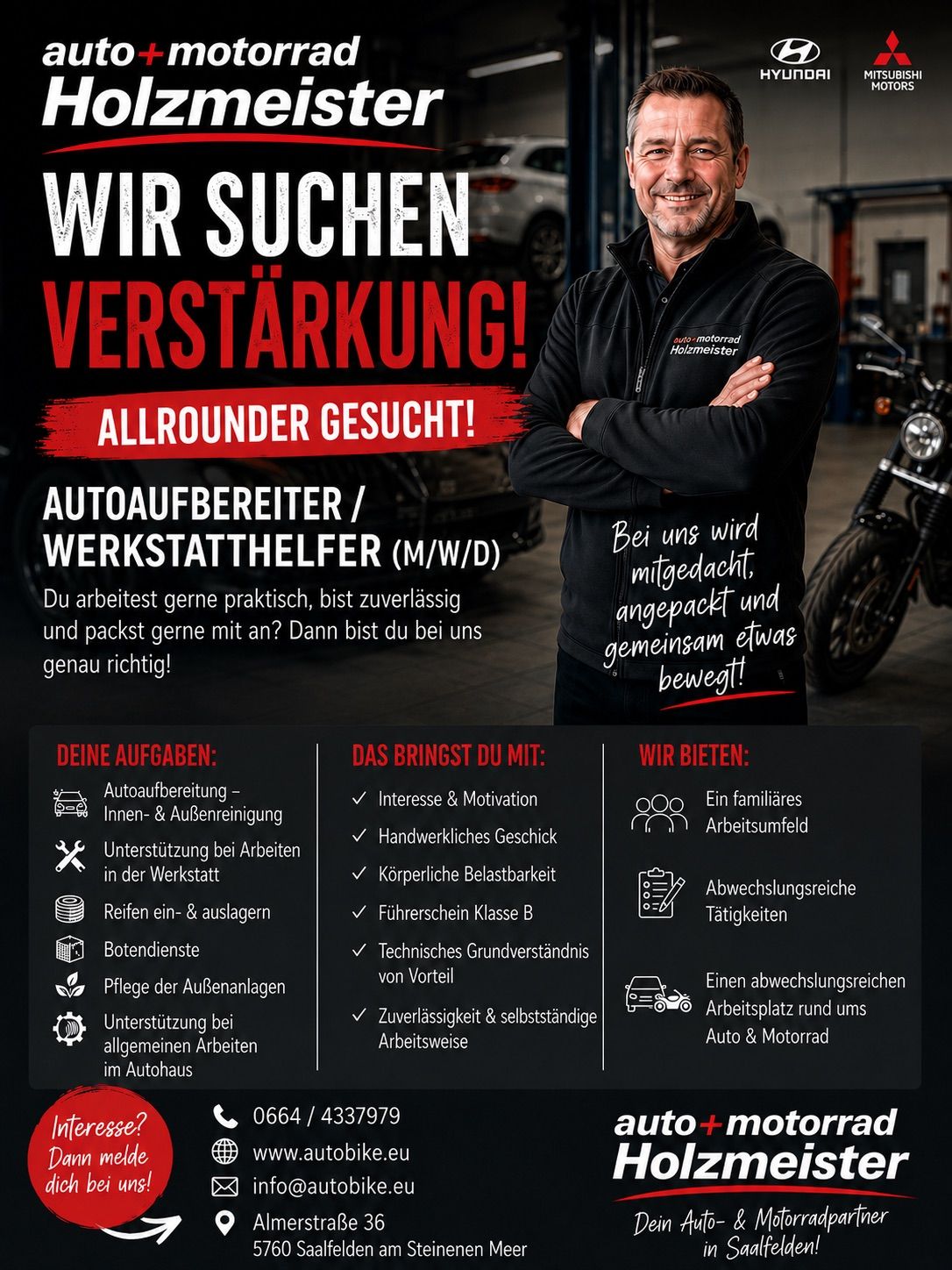 Ein Rekrutierungsposter für eine Autowerkstatt sucht einen Allrounder mit praktischen Fähigkeiten, Zuverlässigkeit und Arbeitsbereitschaft. Das Poster zeigt einen Mann in einer Werkstatt mit einem Auto und einem Motorrad im Hintergrund.