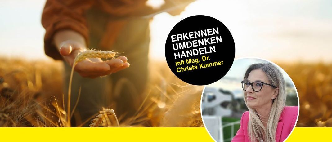 Poster for a customer event at the agricultural meeting point. Featuring a woman in a pink blazer with glasses and a wheat plant. Date and location are mentioned.