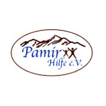 Das Logo von Pamir Hilfe e.V. zeigt eine stilisierte Bergkette in Blau mit zwei Personen in einem blauen X-Symbol.