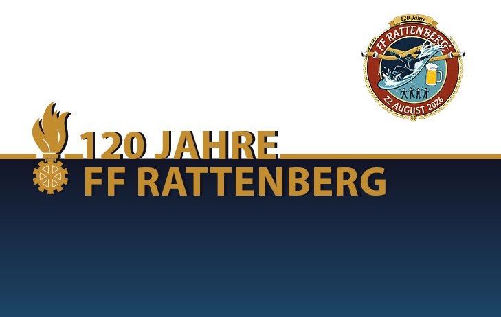 Logo zum 120. Jubiläum von FF Rattenberg mit Flamme, Zahnrad und kreisförmigem Emblem mit Datum und Personen.