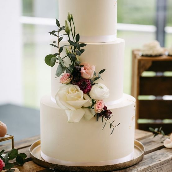 Ein dreistöckiger weißer Hochzeitskuchen mit einer Mischung aus weißen, rosa und lila Blumen. Er steht auf einem Holztisch mit einem Holztablett, und ein Holzregal befindet sich dahinter.
