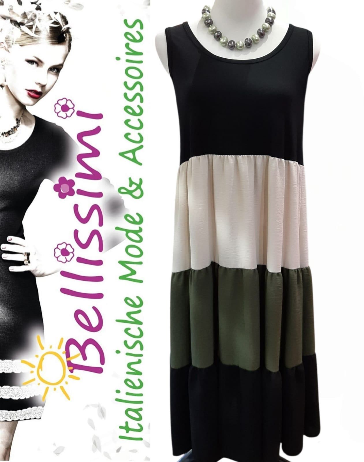 Eine Frau präsentiert eine Modekollektion mit einem schwarzen und weißen Kleid und einem Kleid mit schwarzen, weißen und grünen Streifen. Das Wort Bellissimi steht auf der linken Seite.