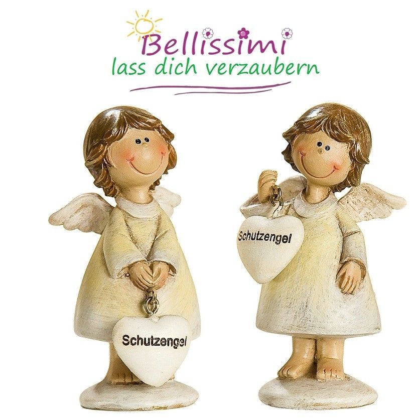 Zwei kleine Figuren von Engeln mit Flügeln, eine hält ein Herz mit dem Wort Schutzengel und die andere einen Schlüssel. Sie stehen nebeneinander. Darüber steht ein Text, der Bellissimi lass dich verzaubern lautet.