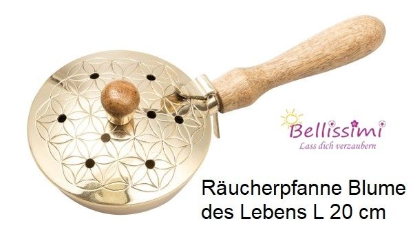 Ein goldener Räucherbrenner mit Blumendesign und einem Holzgriff, gebrandet 'Bellissimi', mit einer Länge von 20 cm.