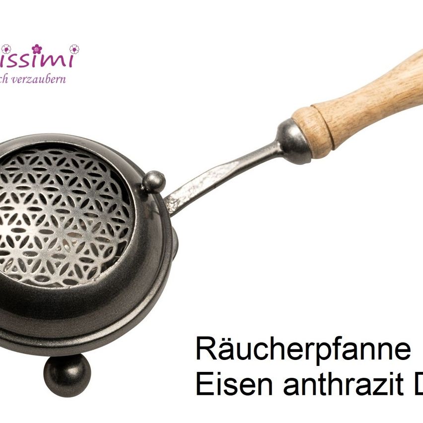 Anthrazitfarbener Eisenräucherbrenner mit Holzgriff und dekorativem Netz auf weißem Hintergrund.
