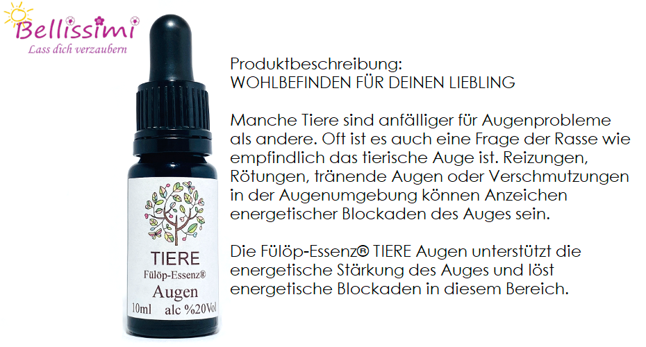 Produktbeschreibung: Wohlbefinden für deinen Liebling. Manche Tiere sind anfälliger für Augenprobleme als andere. Oft ist auch eine Frage der Empfindlichkeit des tierischen Auges. Rötungen, tränende Augen oder Verschmutzungen im Augenbereich können Anzeichen energetischer Blockaden des Auges sein.