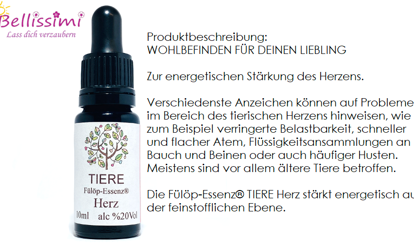 Eine Flasche Tier Herz, eine Blütenessenz, für Haustiere. Das Produkt stärkt das Herz energetisch. Anzeichen von Herzproblemen bei Haustieren umfassen verminderte Belastbarkeit, flache Atmung und Flüssigkeitsansammlungen.
