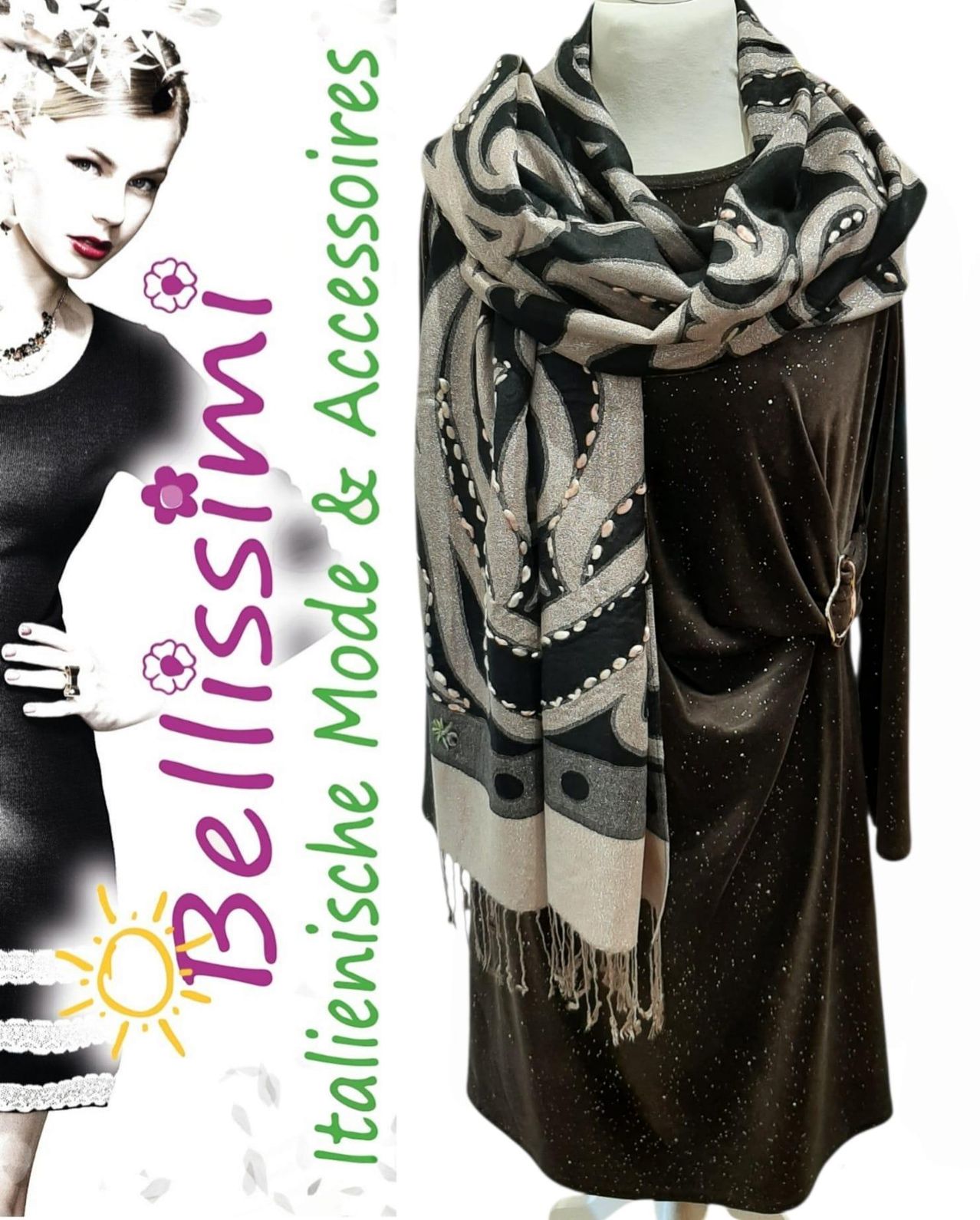 Ein Bild einer Puppe, die ein schwarzes Kleid und einen gemusterten Schal trägt. Der Schal hat ein schwarzes und weißes Design mit dekorativen Perlen.