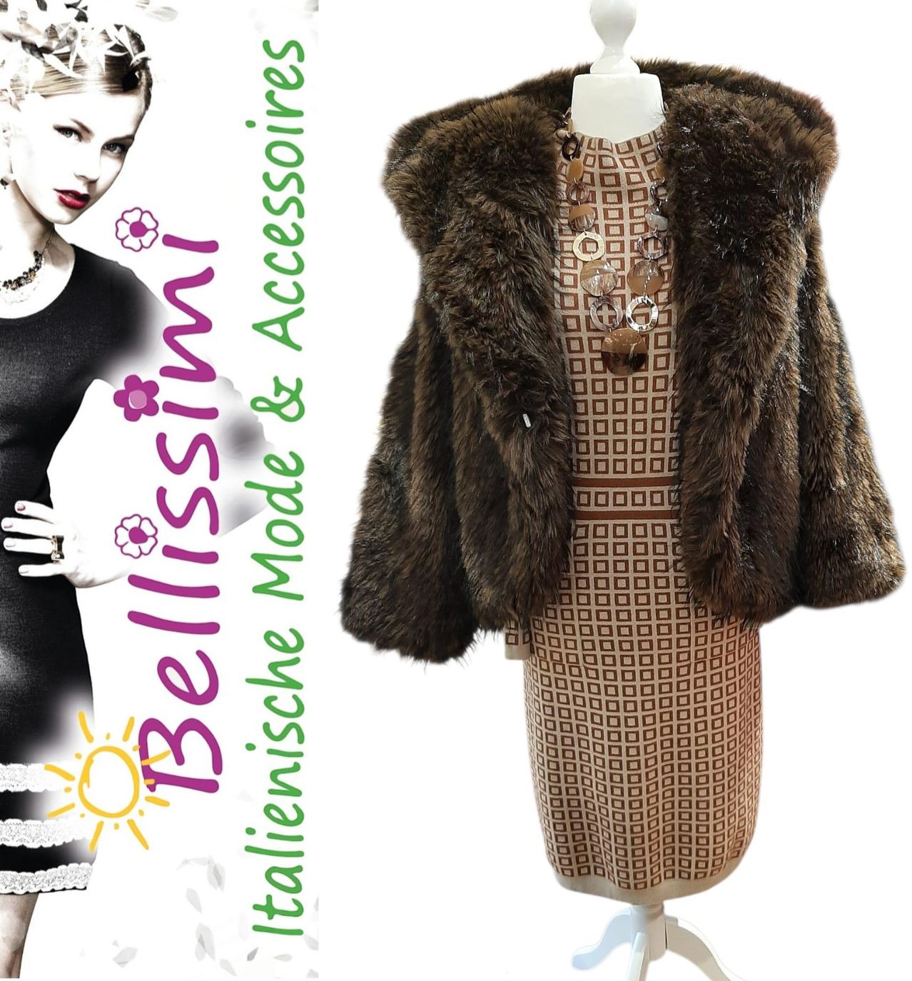 Eine Werbung für Bellisimi mit einer Frau in einem schwarzen Kleid und einem Pelzmantel auf einem Mannequin. Der Pelzmantel hat eine braune Felltextur.
