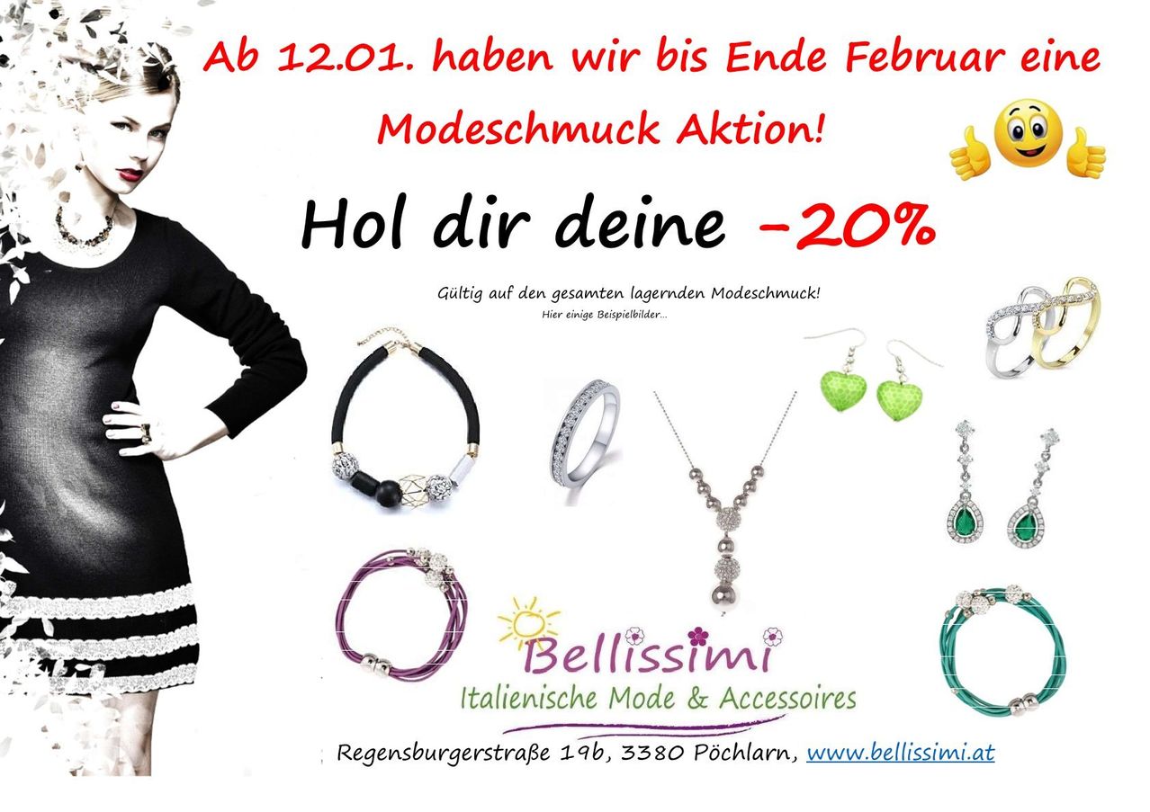 Werbeposter für einen 20%igen Rabatt auf Modeschmuck, gültig vom 12. Januar bis Ende Februar. Verschiedene Schmuckstücke werden angezeigt, darunter eine Halskette, Ohrringe und Armbänder. Das Geschäft befindet sich in der Regensburgerstrasse 19b, 3380 Pöchlarn, Österreich.