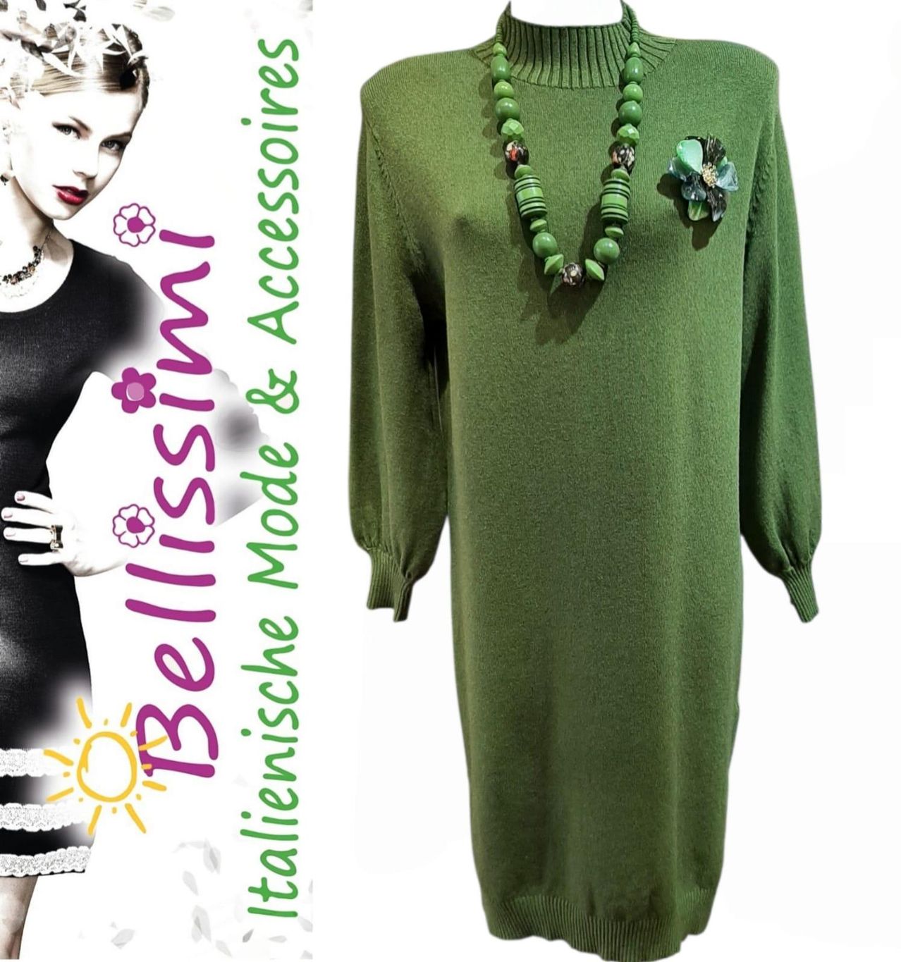 Eine Frau in einem schwarzen Kleid und einem grünen Langarmkleid mit einer Halskette und einer Blumenbrosche am Schulter.