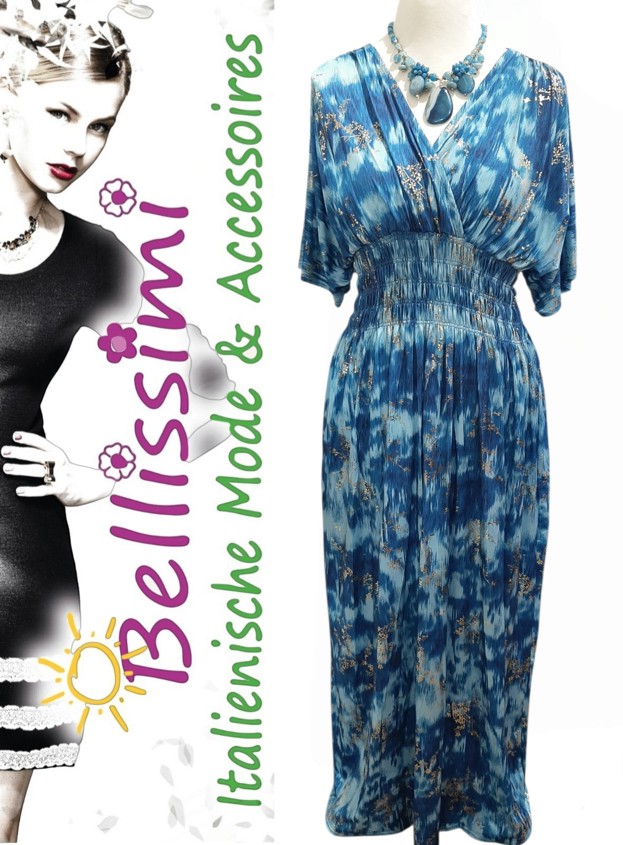 Ein Bild einer Frau in einem schwarzen Kleid mit einem blau und gold gemusterten Kleid auf weißem Hintergrund. Der Text 'Bellissima' ist in Pink geschrieben.
