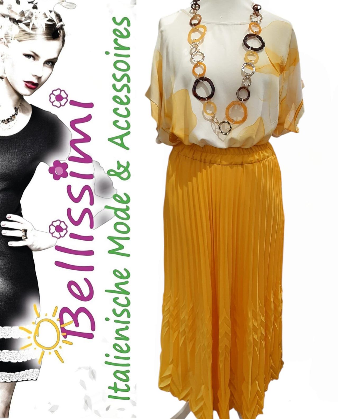 Ein Modeposter mit einer Frau in einem schwarzen Kleid und einer anderen in einem gelben Kleid mit Accessoires.