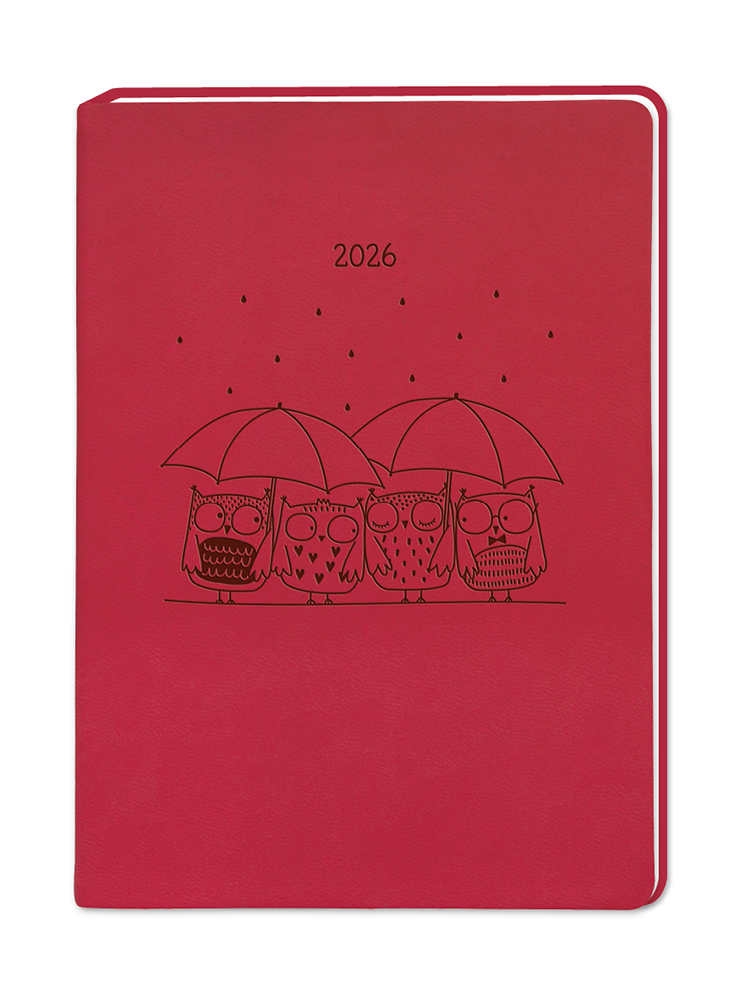 Ein roter Einband mit vier Eulen unter Regenschirmen. Das Jahr 2026 steht über ihnen. Die Eulen haben Herzen, Brillen und eine Schleife. Der Hintergrund ist mit Regentropfen gesprenkelt.