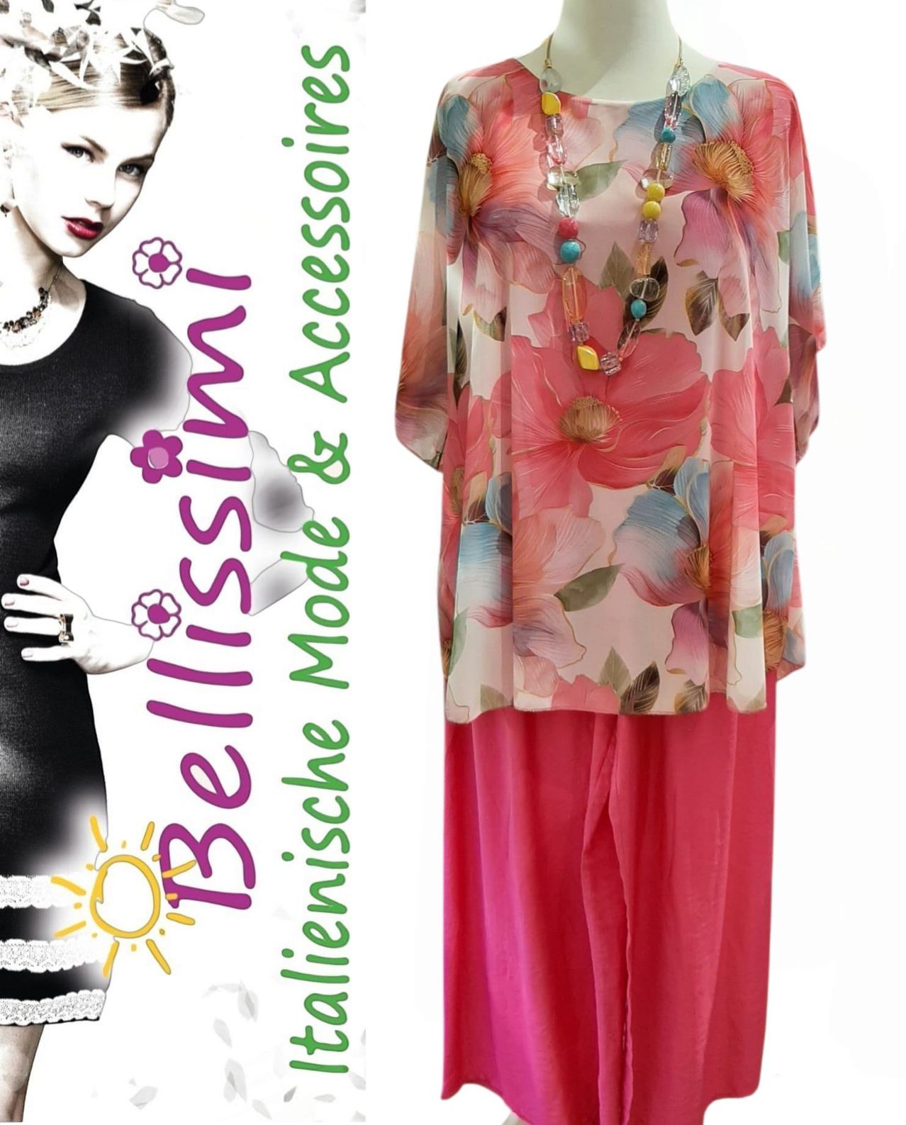 Ein Bild einer Frau in einem schwarzen Kleid mit einem Blumendruck-Oberteil und rosa Hosen. Der Text auf dem Bild sagt Bellissima.