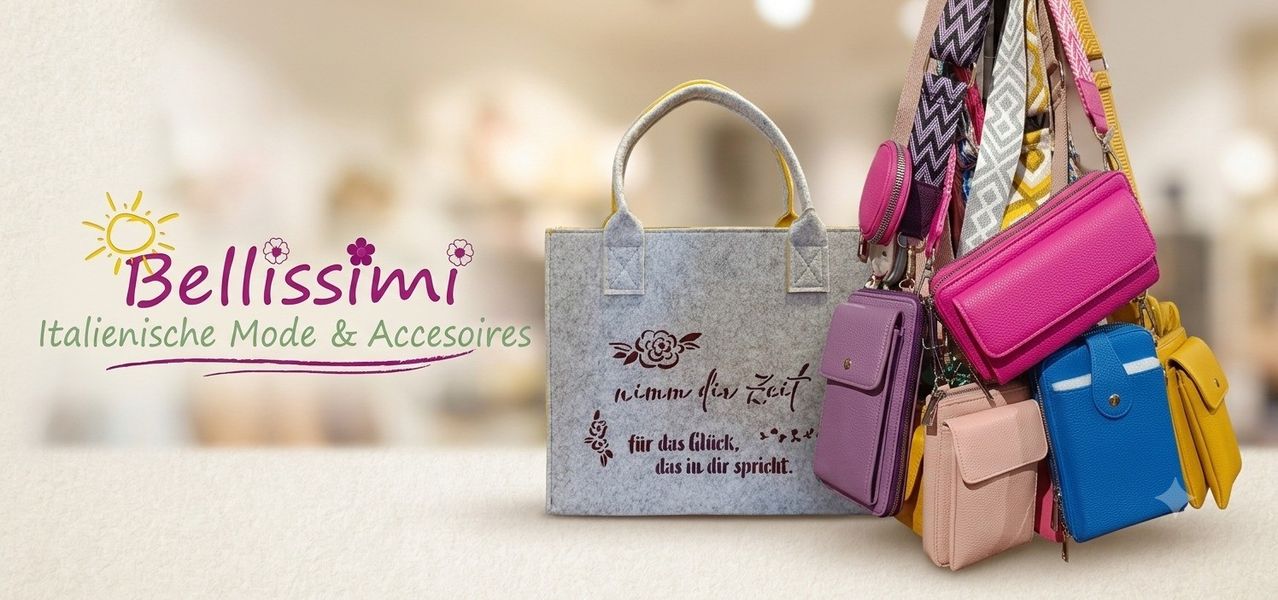A grey felt handbag with a floral design and the text 'Nimm dir Zeit für das Glück' is displayed with a pink wallet and other accessories.
