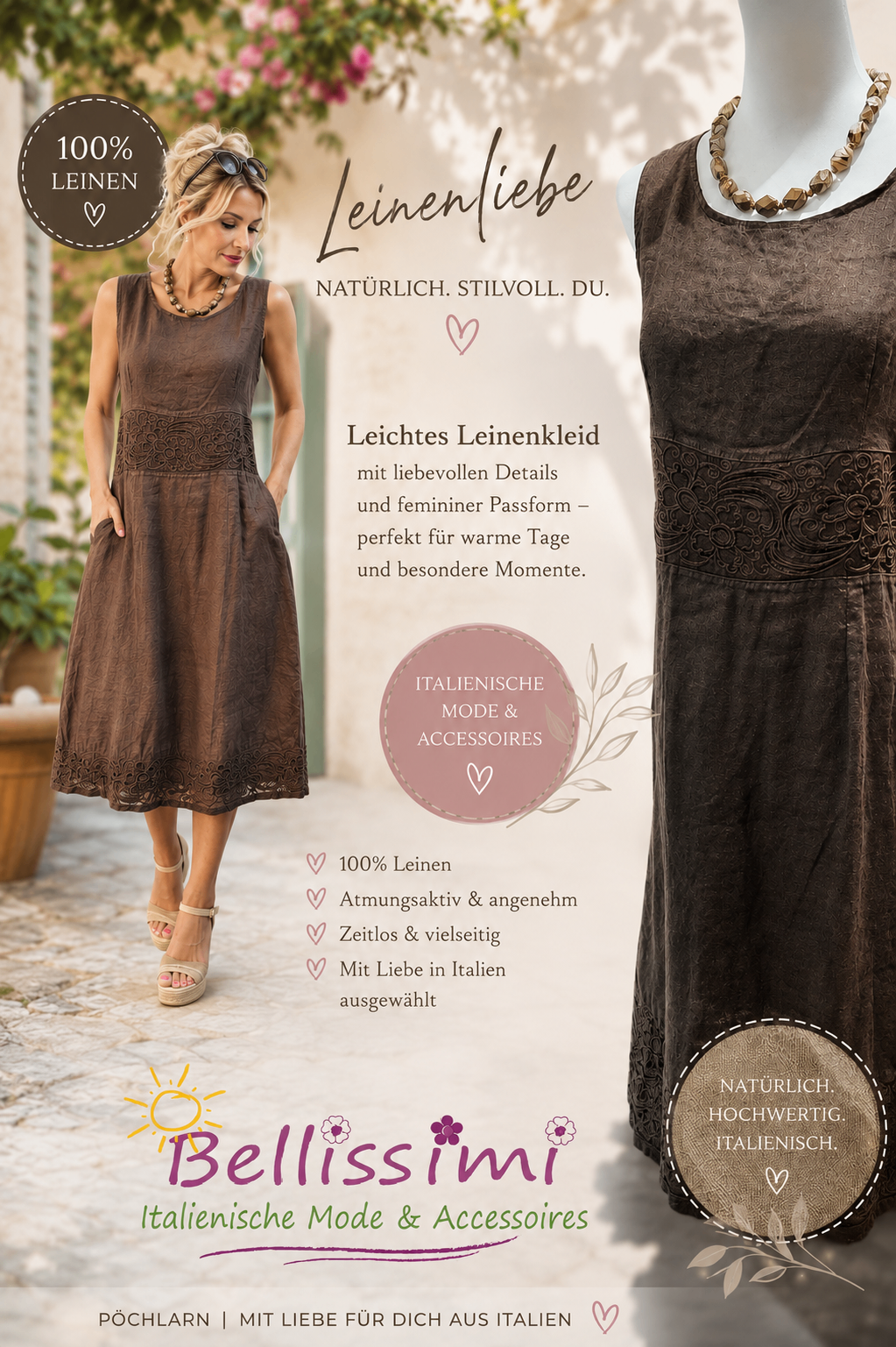 Eine Frau trägt ein braunes ärmelloses Kleid mit aufwendigen Spitzendetails vor einem Hintergrund mit Herzsymbol und Text. Das Kleid wird durch beigefarbene Sandalen ergänzt.