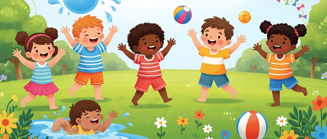 Children playing outdoors, surrounded by balloons, kites, and flowers. The image features the text 'KINDERSOMMER 2025' above the children.