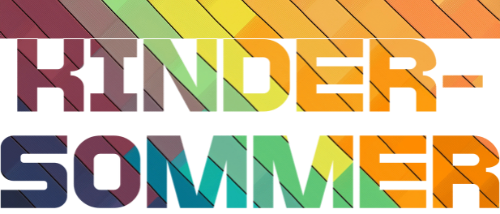 Ein farbenfrohes Grafik zeigt die Worte 'KINDER-SOMMER 2026' in fettem, buntem Schriftzug auf einem mehrfarbigen Hintergrund.
