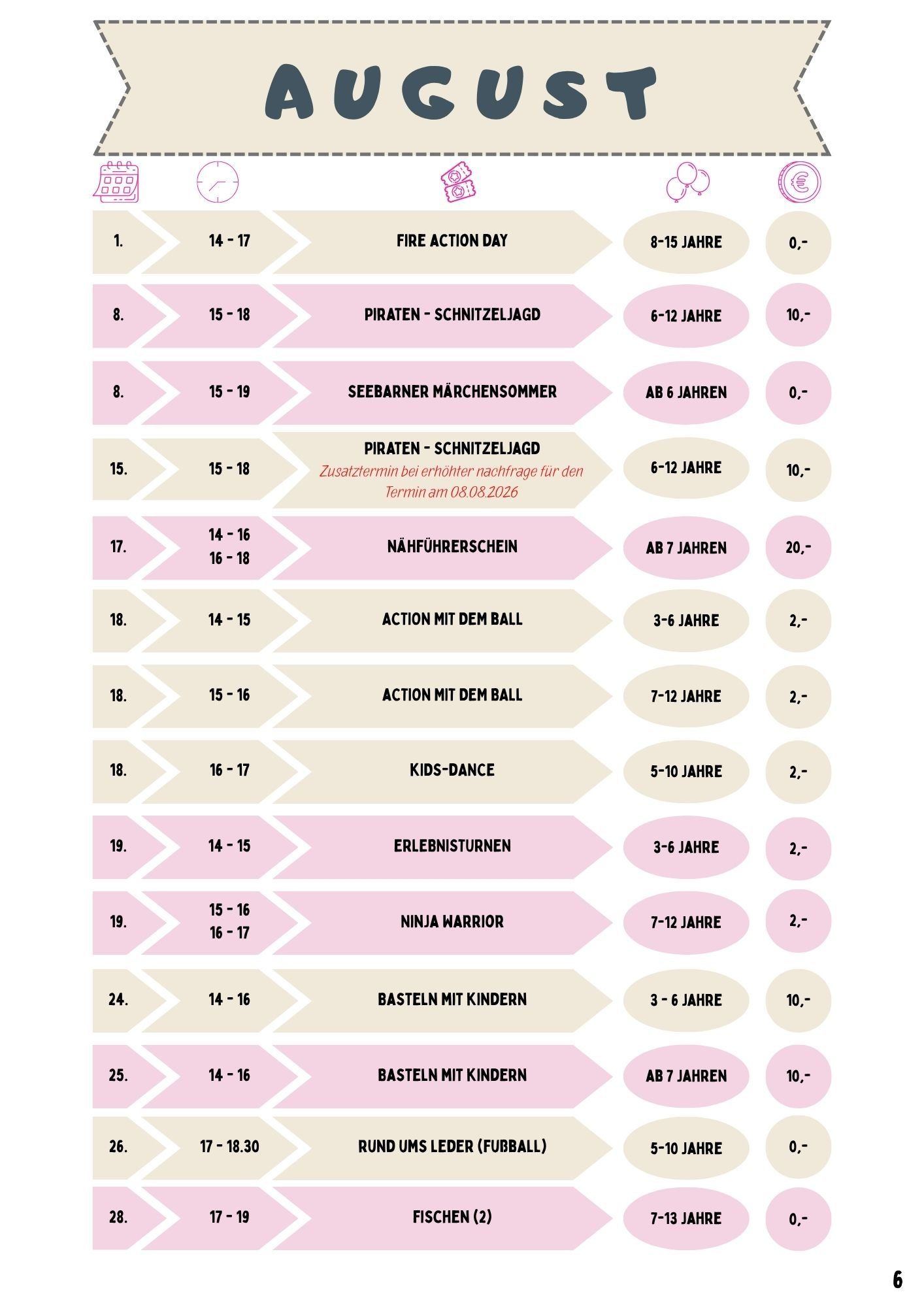 Das Bild zeigt einen Zeitplan für Aktivitäten für Kinder mit Altersgruppen und Daten, einschließlich Aktivitäten wie Feuerwehraktionstag, Piratenschatzsuche und verschiedene thematische Partys.