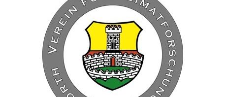 A circular emblem features a castle silhouette in the center with text surrounding it that reads 'Verein für Heimatforschung'. The castle is depicted in a yellow and red color scheme.