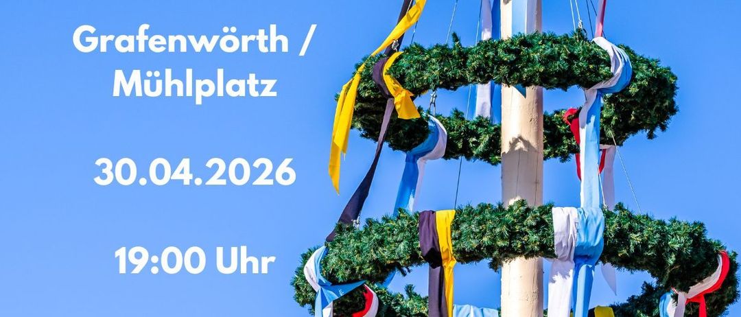 Ein blauer Himmel mit einem dekorierten Pfosten hat Bänder und Banner. Der Text lautet Maibaum aufstellen und das Datum ist der 30. April 2026 um 19:00 Uhr.