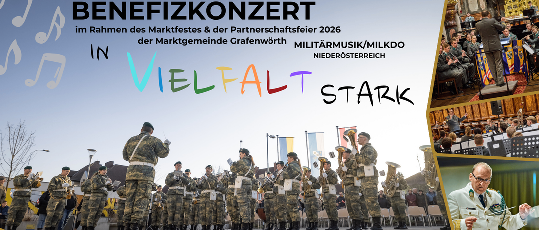 Konzertankündigung für Vielfalt Stark mit Militärmusikern und begrenzter Kartenverfügbarkeit. Veranstaltungsdetails umfassen Startzeit und Ort.