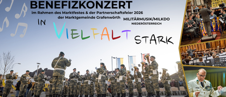 Konzertankündigung für Vielfalt Stark mit Militärmusikern und begrenzter Kartenverfügbarkeit. Veranstaltungsdetails umfassen Startzeit und Ort.